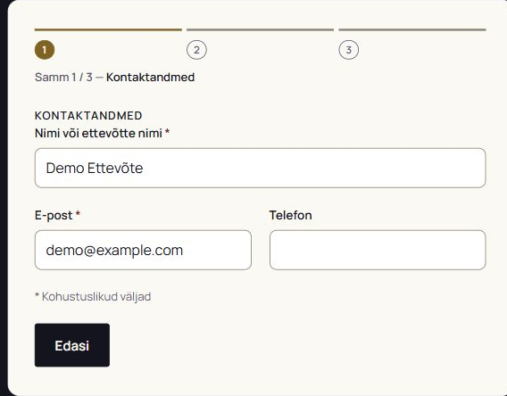 First step with Demo Ettevõte, demo@example.com and an empty optional phone field