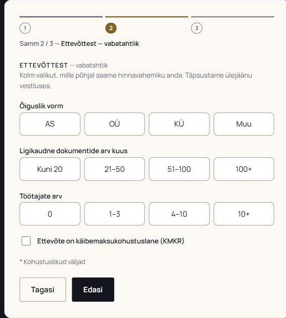 Optional second step with company type, document range, employees and VAT