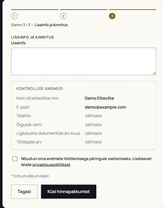 Review step with test contacts, skipped fields and data processing consent