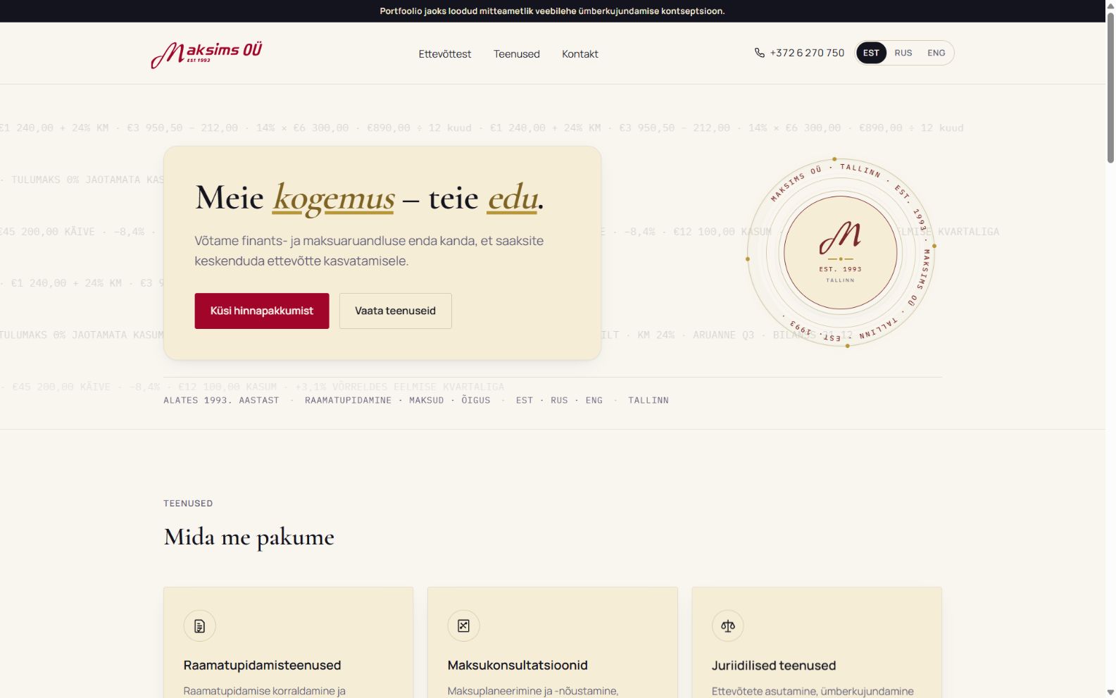 Redesigned homepage with a service introduction and quote request button