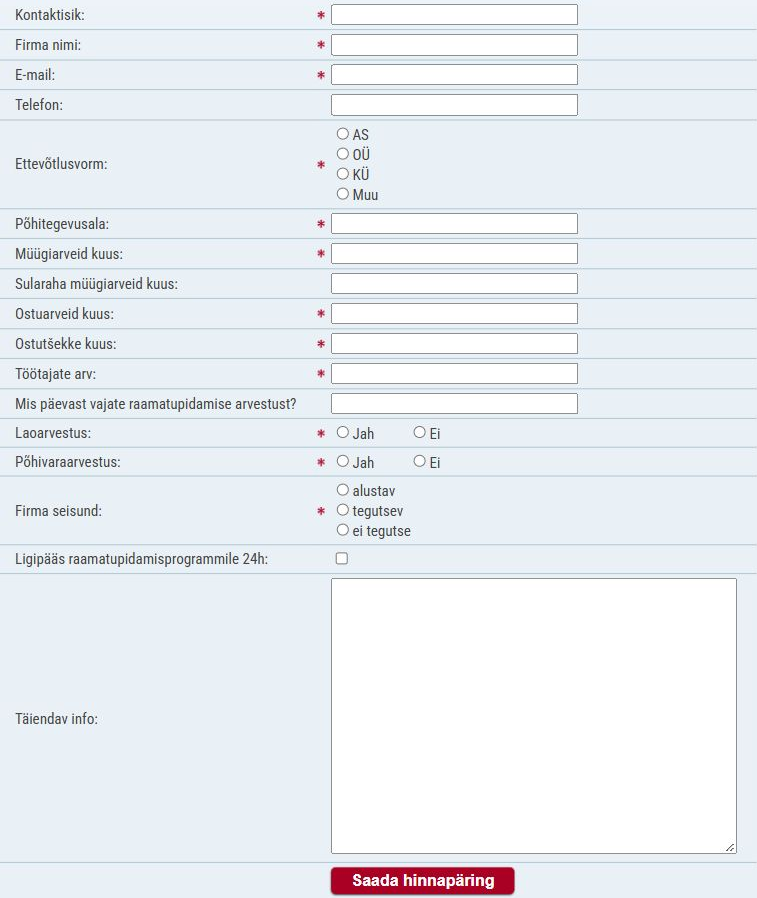 Original form with 17 questions about contacts, invoices and accounting