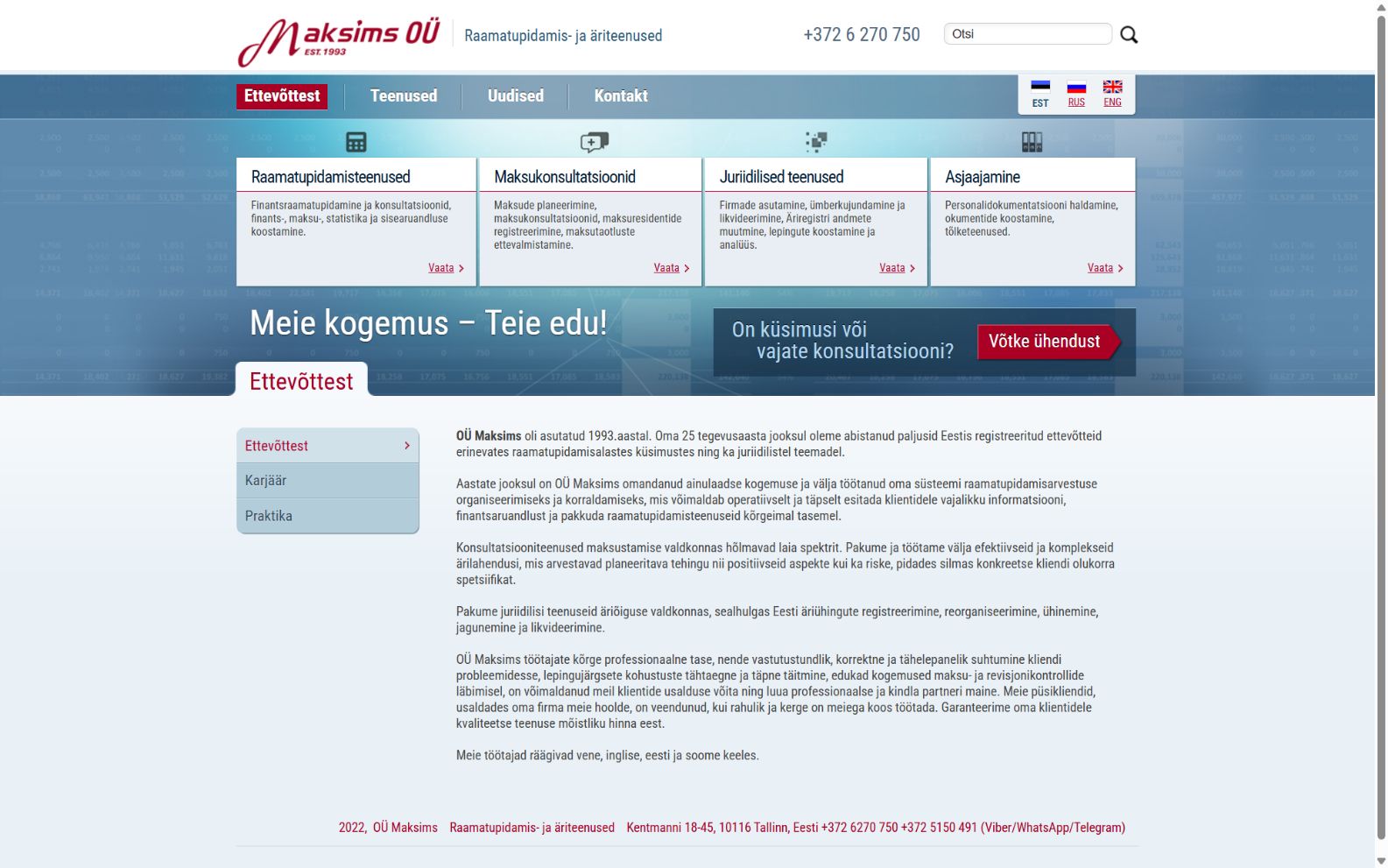Original Maksims homepage with blue navigation and a long company introduction